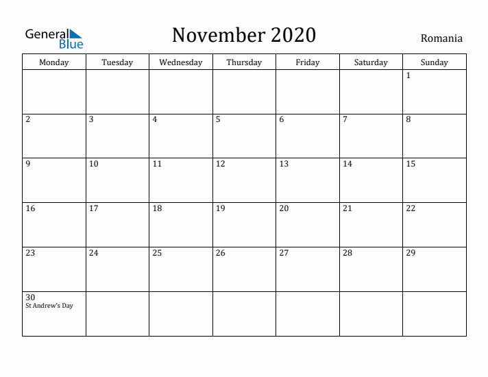 November 2020 Calendar Romania