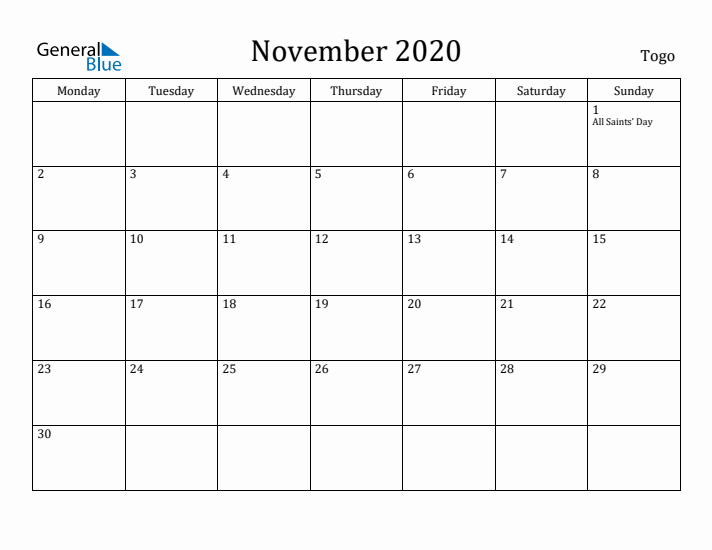 November 2020 Calendar Togo