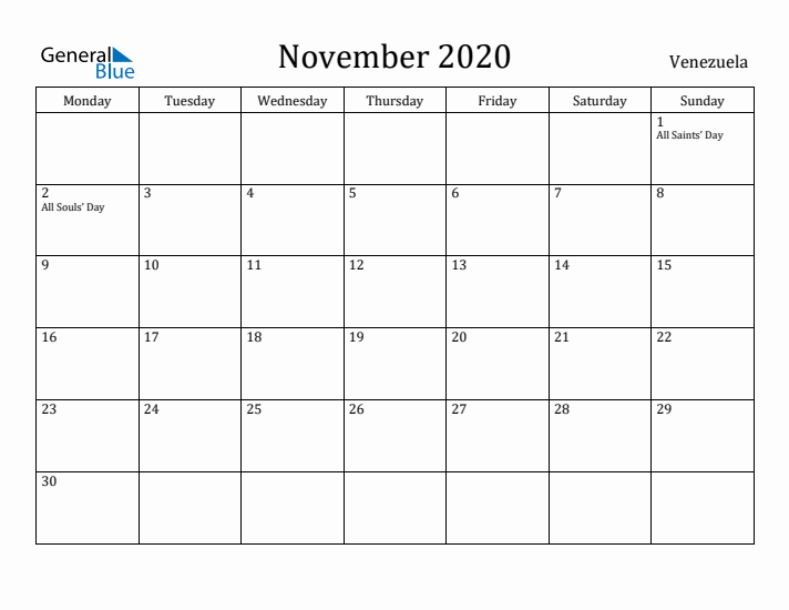 November 2020 Calendar Venezuela