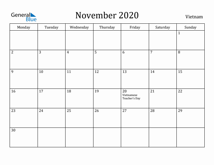 November 2020 Calendar Vietnam