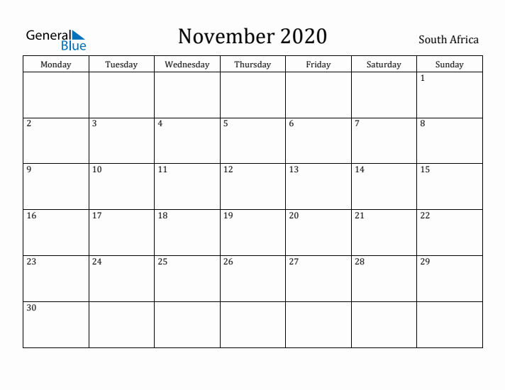 November 2020 Calendar South Africa