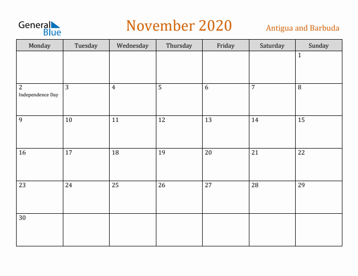 November 2020 Holiday Calendar with Monday Start