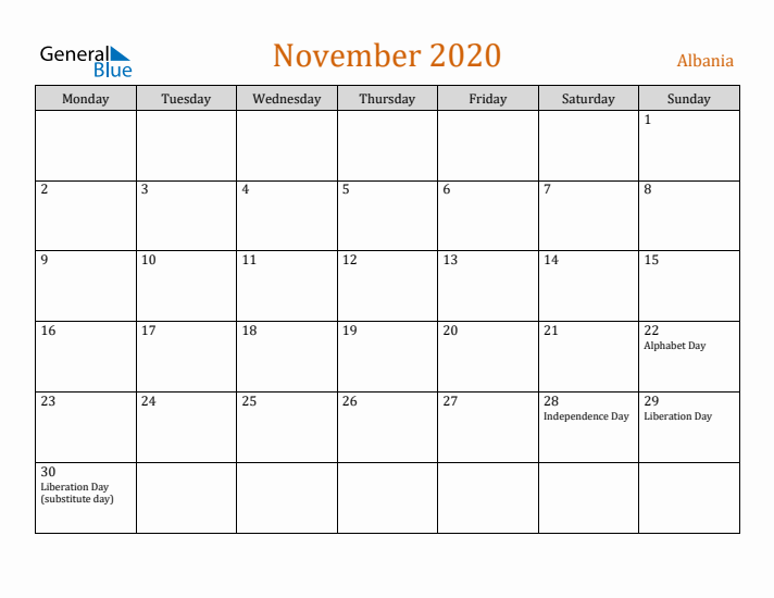 November 2020 Holiday Calendar with Monday Start