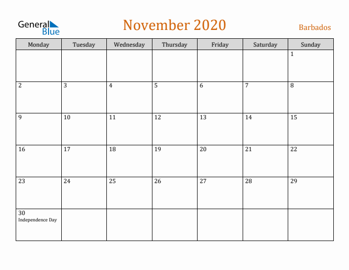 November 2020 Holiday Calendar with Monday Start