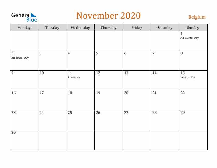 November 2020 Holiday Calendar with Monday Start