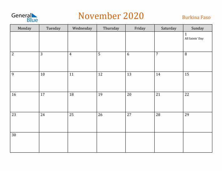 November 2020 Holiday Calendar with Monday Start