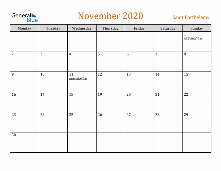 November 2020 Holiday Calendar with Monday Start