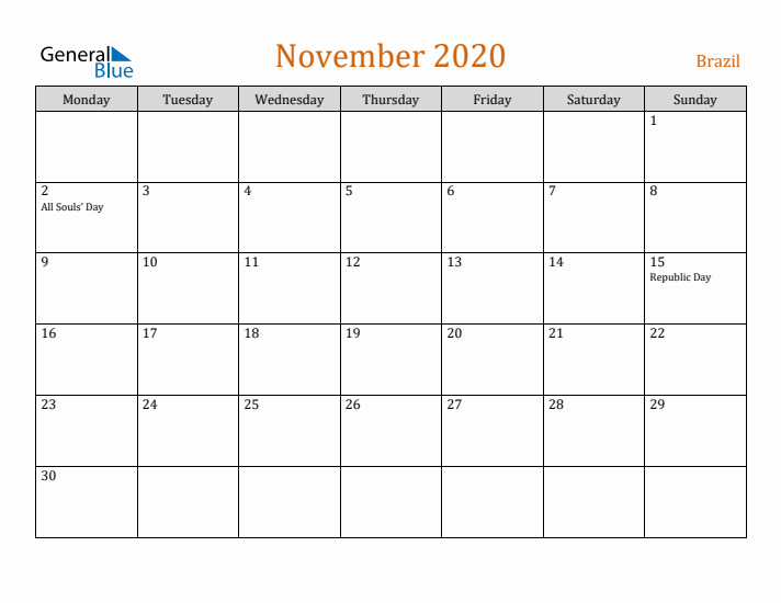 November 2020 Holiday Calendar with Monday Start