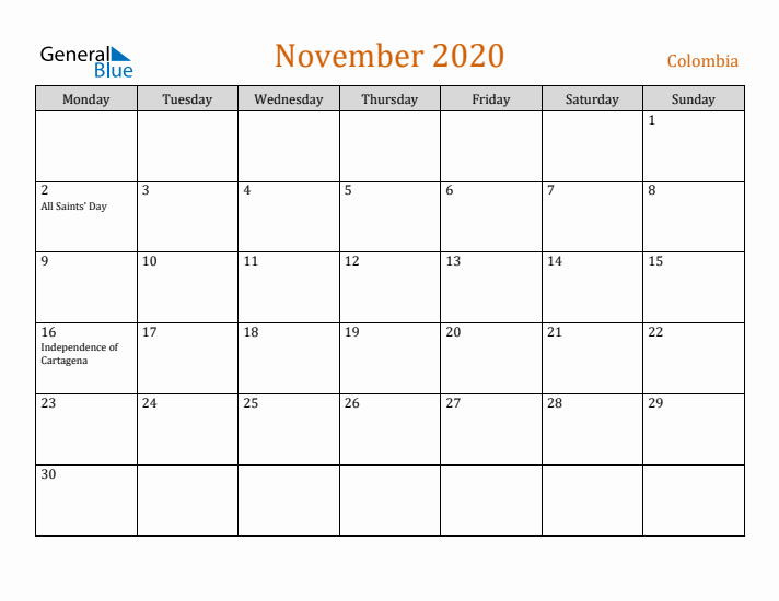 November 2020 Holiday Calendar with Monday Start