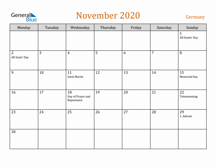 November 2020 Holiday Calendar with Monday Start