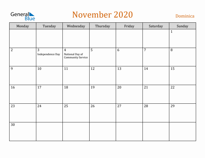 November 2020 Holiday Calendar with Monday Start