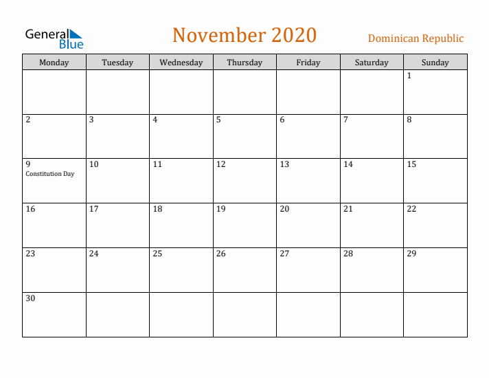 November 2020 Holiday Calendar with Monday Start