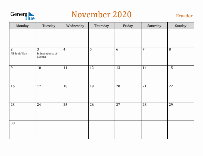 November 2020 Holiday Calendar with Monday Start