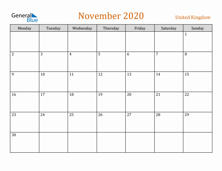 November 2020 Holiday Calendar with Monday Start