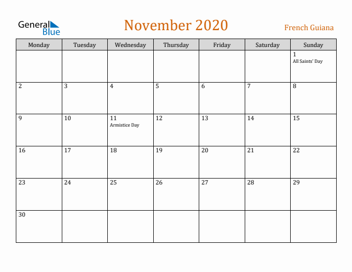 November 2020 Holiday Calendar with Monday Start