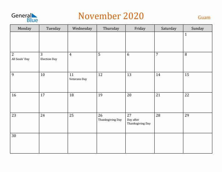 November 2020 Holiday Calendar with Monday Start