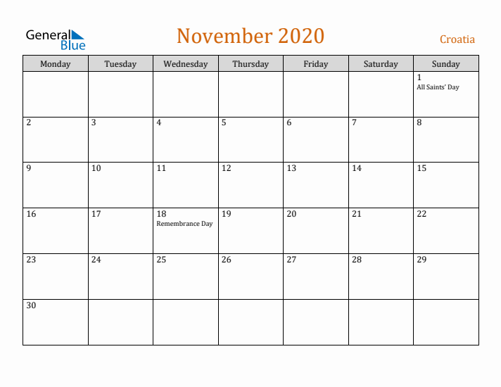 November 2020 Holiday Calendar with Monday Start