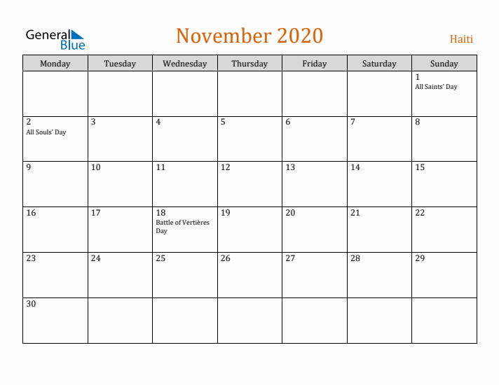 November 2020 Holiday Calendar with Monday Start