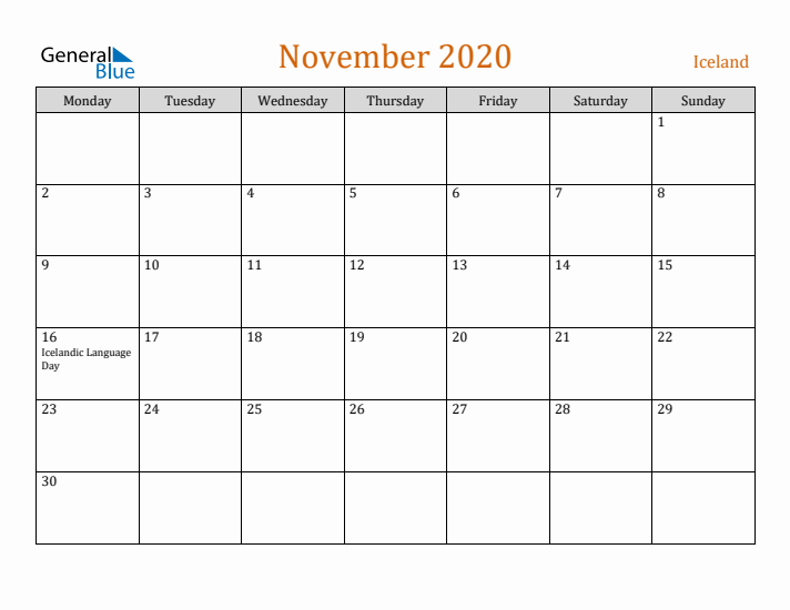 November 2020 Holiday Calendar with Monday Start