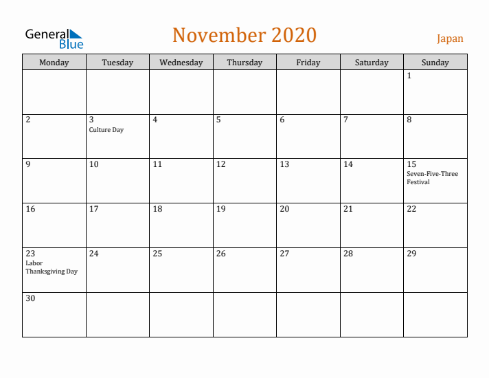 November 2020 Holiday Calendar with Monday Start