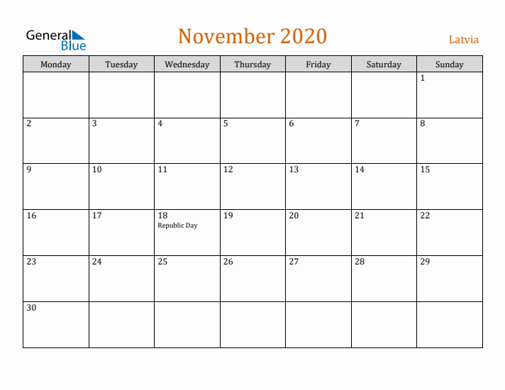 November 2020 Holiday Calendar with Monday Start