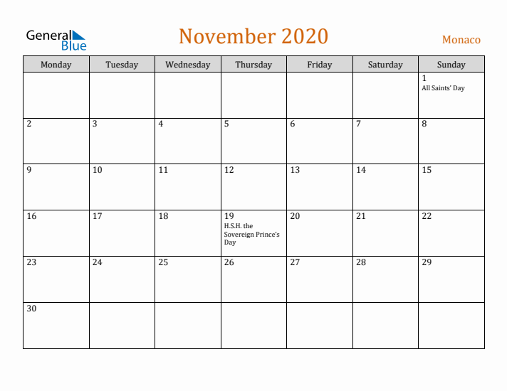 November 2020 Holiday Calendar with Monday Start