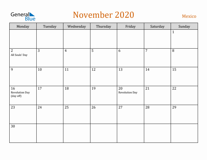 November 2020 Holiday Calendar with Monday Start