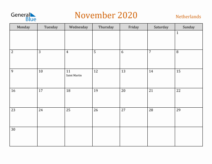 November 2020 Holiday Calendar with Monday Start