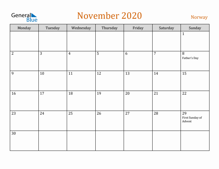 November 2020 Holiday Calendar with Monday Start