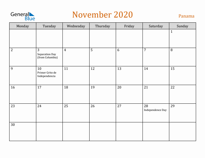 November 2020 Holiday Calendar with Monday Start