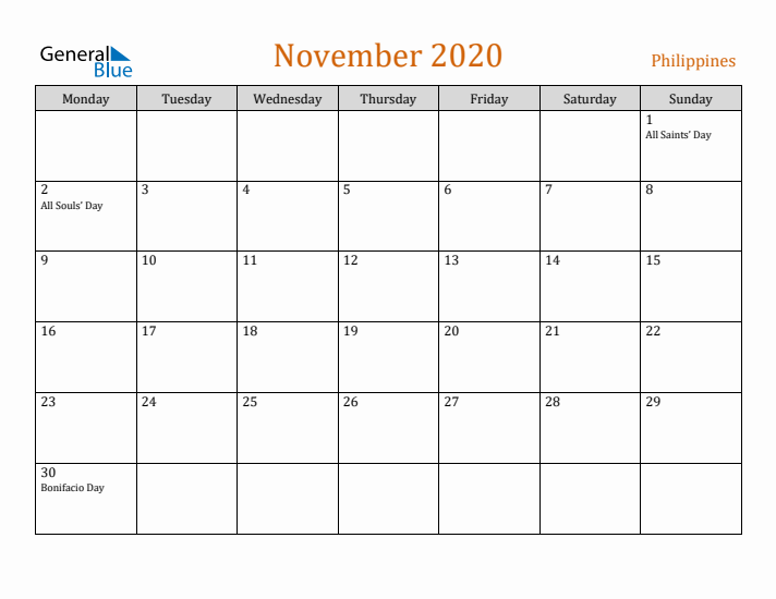 November 2020 Holiday Calendar with Monday Start