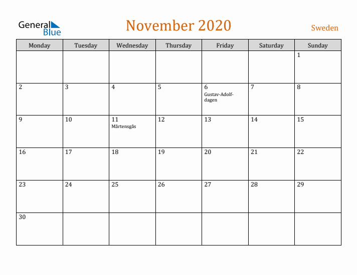 November 2020 Holiday Calendar with Monday Start