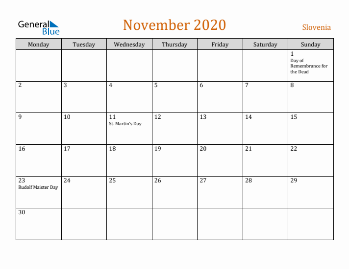 November 2020 Holiday Calendar with Monday Start