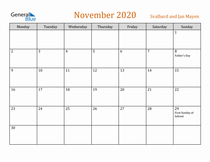 November 2020 Holiday Calendar with Monday Start