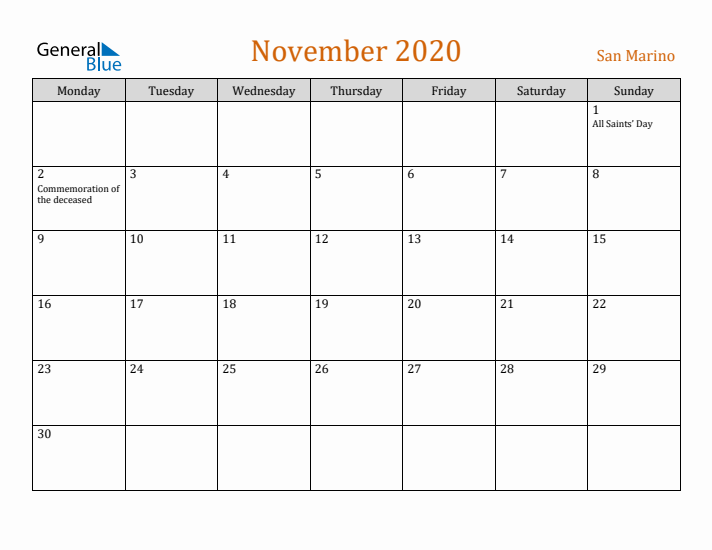 November 2020 Holiday Calendar with Monday Start