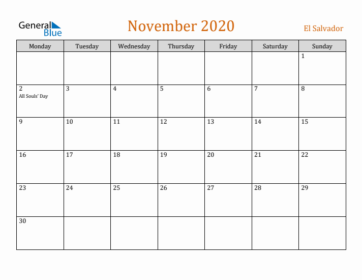 November 2020 Holiday Calendar with Monday Start