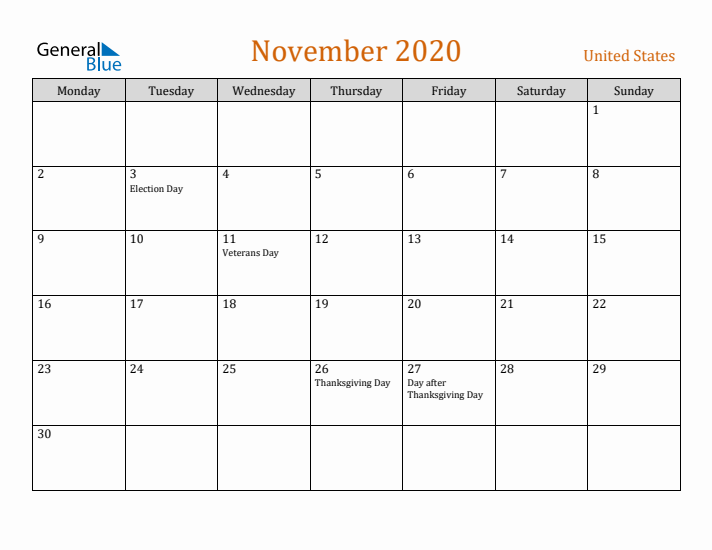 November 2020 Holiday Calendar with Monday Start