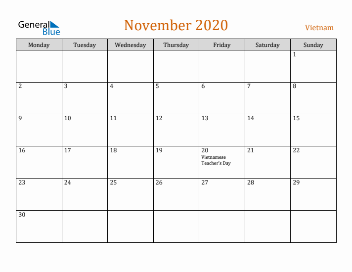 November 2020 Holiday Calendar with Monday Start