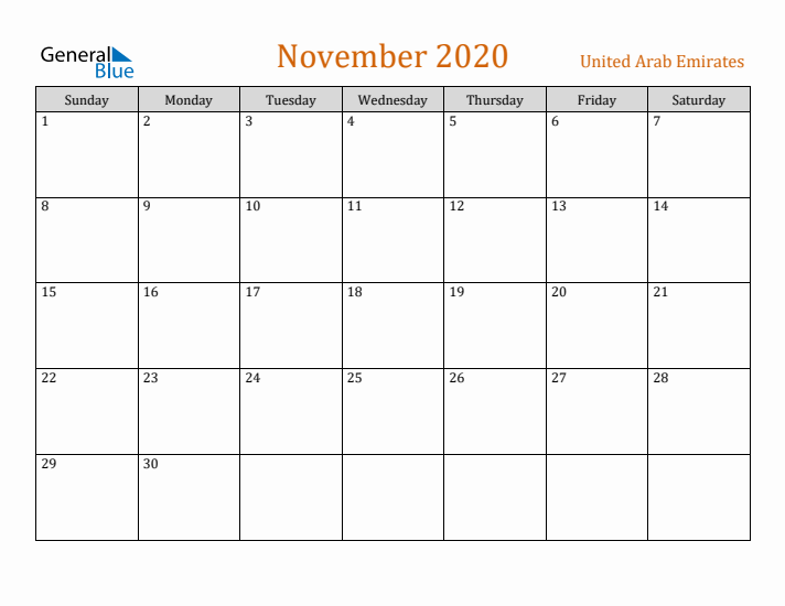 November 2020 Holiday Calendar with Sunday Start