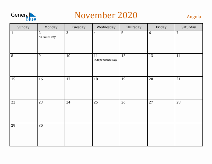 November 2020 Holiday Calendar with Sunday Start