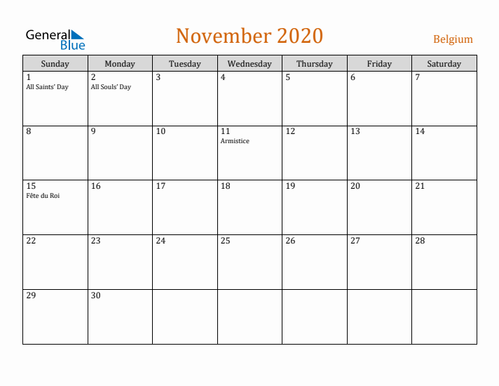 November 2020 Holiday Calendar with Sunday Start