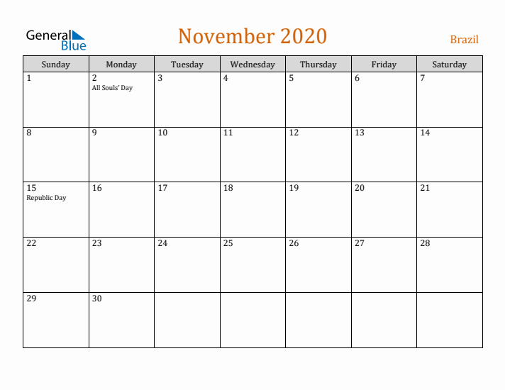 November 2020 Holiday Calendar with Sunday Start