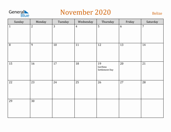 November 2020 Holiday Calendar with Sunday Start