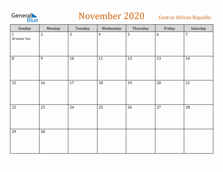 November 2020 Holiday Calendar with Sunday Start