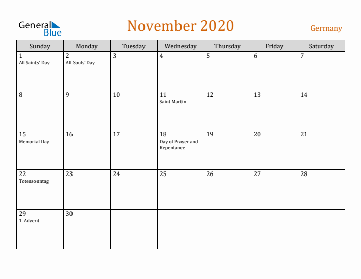 November 2020 Holiday Calendar with Sunday Start