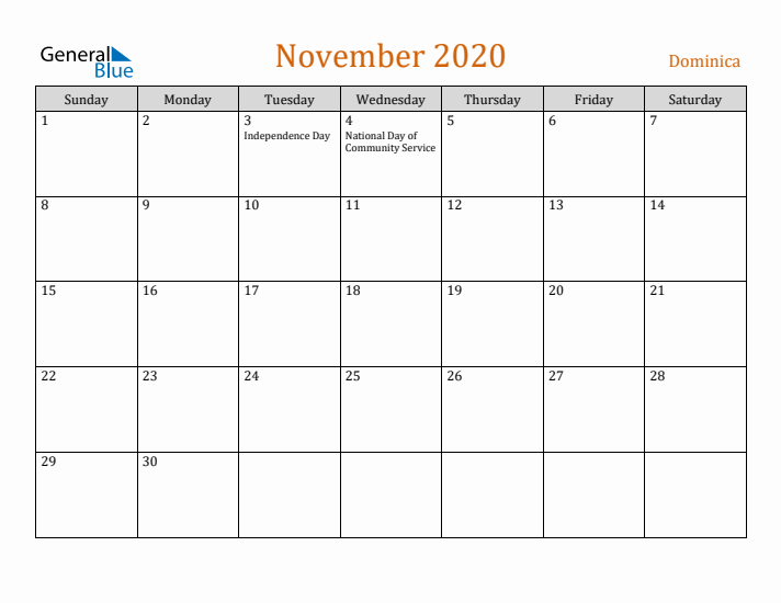 November 2020 Holiday Calendar with Sunday Start