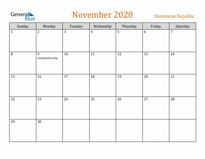 November 2020 Holiday Calendar with Sunday Start