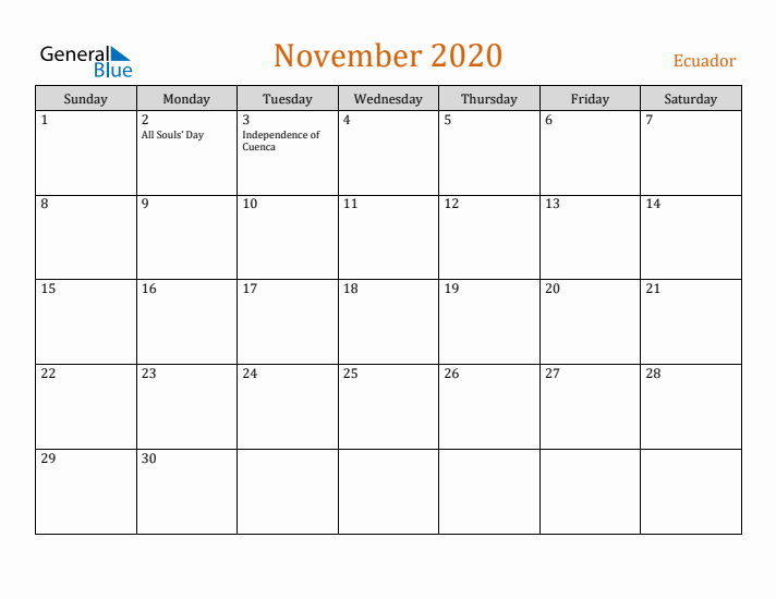 November 2020 Holiday Calendar with Sunday Start