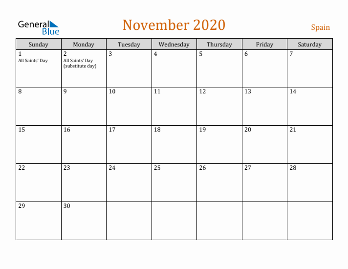 November 2020 Holiday Calendar with Sunday Start