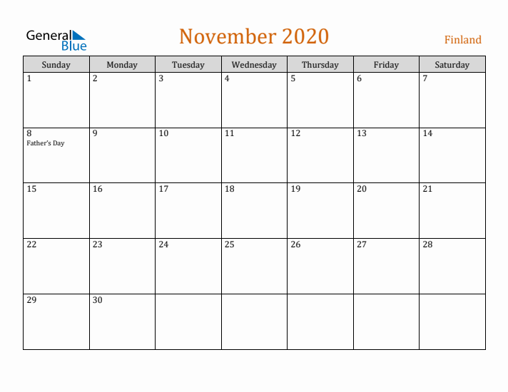 November 2020 Holiday Calendar with Sunday Start